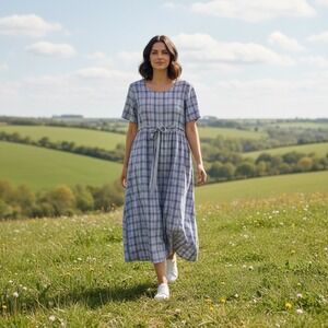 Vintage 90s Blue Plaid Seersucker Empire Waist Midi Dress 14 Prairie Cottagecore